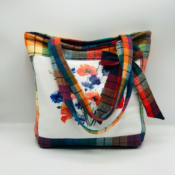 Handmade Tote Bag: Repurposed, Bright Bouquet on Plaid, Orange Blue Yellow Green - Picture 5 of 10
